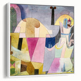 Framed canvas featuring Paul Klee-inspired vintage poster art in colorful abstract design, ideal for living room decor.