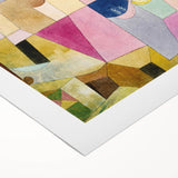 Art deco poster featuring geometric shapes in muted gold and black tones on rolled canvas, suitable for dining room decor.