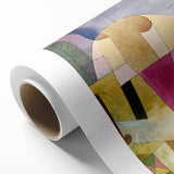 Art deco poster featuring geometric patterns in muted pastel shades on rolled canvas, suitable as nursery wall art.