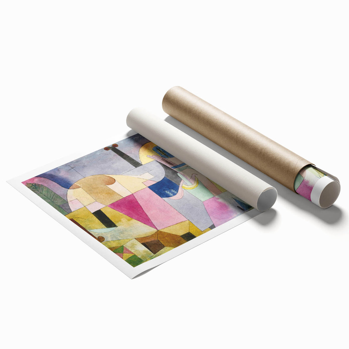 Extra large rolled print featuring a Paul Klee-inspired abstract floral design in muted earth tones.