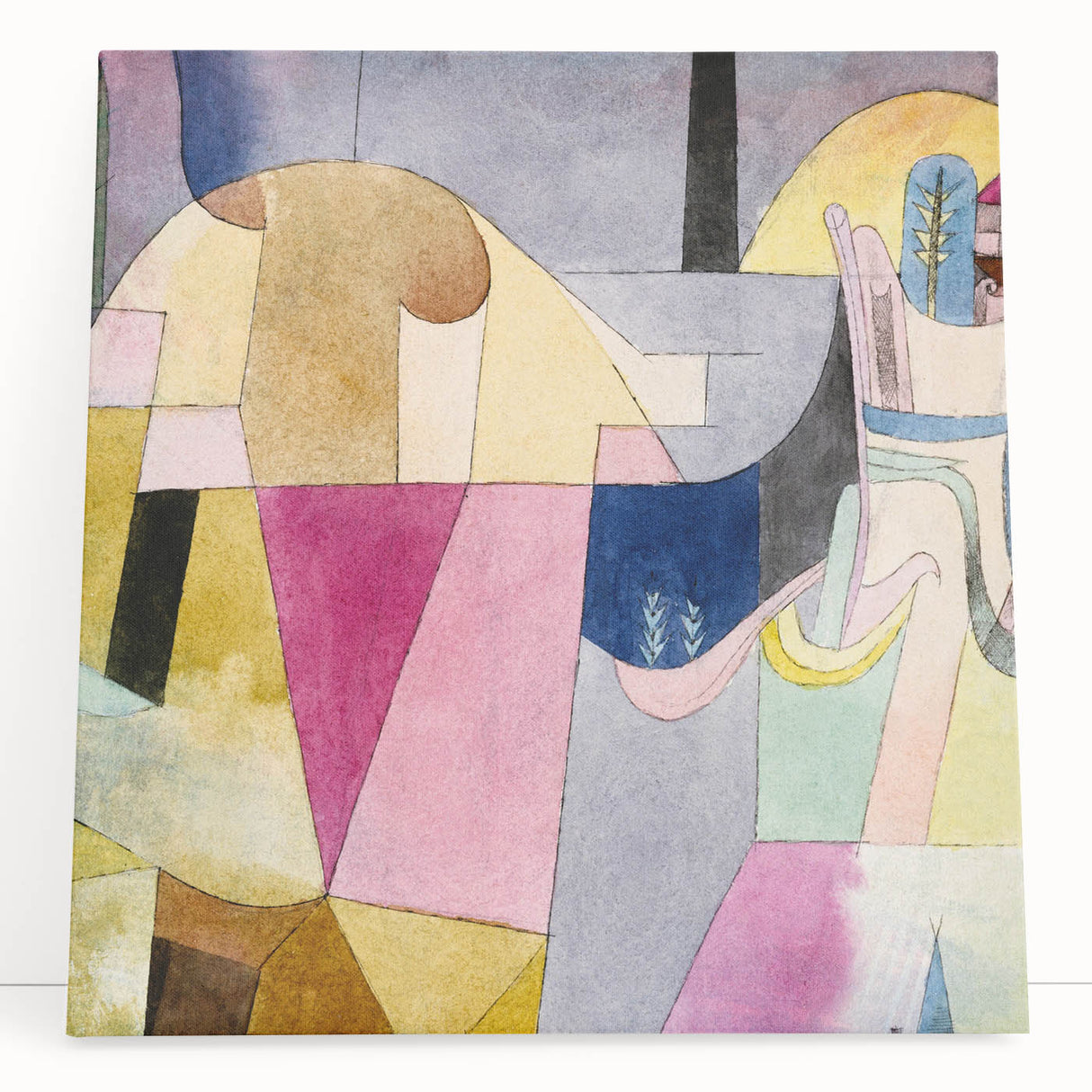 Black and white abstract design by Paul Klee on a large stretched canvas, ideal for kitchen wall art or bedroom ambiance.