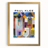 Extra large abstract art print by Paul Klee in muted colors on a textured canvas, framed in gold.