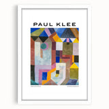 Abstract art print by Paul Klee featuring geometric shapes in a white frame, suitable for bedroom or dining room decor.