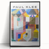 Large abstract wall art by Paul Klee, featuring geometric shapes in muted colors, framed in black acrylic.