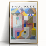 Mid-century modernist art by Paul Klee, featuring abstract shapes in muted colors on a large framed acrylic print.