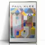 Mid-century modernist art by Paul Klee in silver framed acrylic, featuring geometric shapes in muted tones.