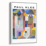 Framed canvas featuring a vintage poster art by Paul Klee with colorful abstract shapes, suitable for living room decor.