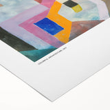 Art deco poster featuring geometric shapes in muted tones on a rolled canvas, suitable for dining room or bathroom walls.