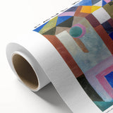 Art Deco style poster with geometric patterns in soft pastel hues on rolled canvas, ideal for nursery wall art.