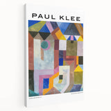 Paul Klee-inspired abstract print in muted earth tones on a large stretched canvas, ideal for kitchen wall art.