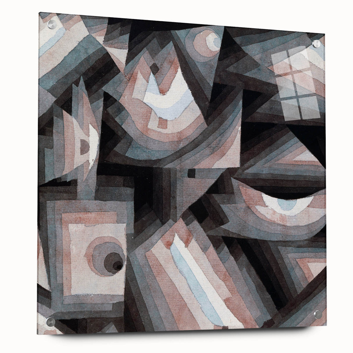 Abstract design by Paul Klee in muted colors on acrylic glass, suitable for bedroom or dining room decor.