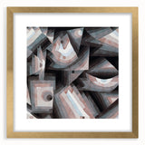 Extra large abstract art print featuring textured geometric shapes in muted colors on a gold-framed canvas.
