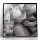 Large abstract wall art by Paul Klee featuring geometric shapes in muted colors on a black acrylic framed print.