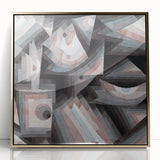 Large art print of a Paul Klee design in mid-century modernist style, featuring geometric shapes in muted colors.