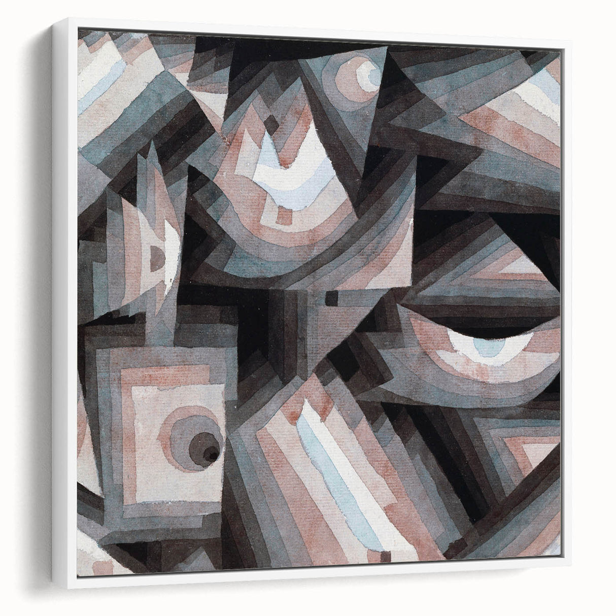Vintage poster art by Paul Klee featuring colorful abstract patterns on a large framed canvas, ideal for living room decor.