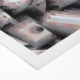 Art deco poster featuring geometric shapes in muted colors on rolled canvas, suitable for dining room wall art.