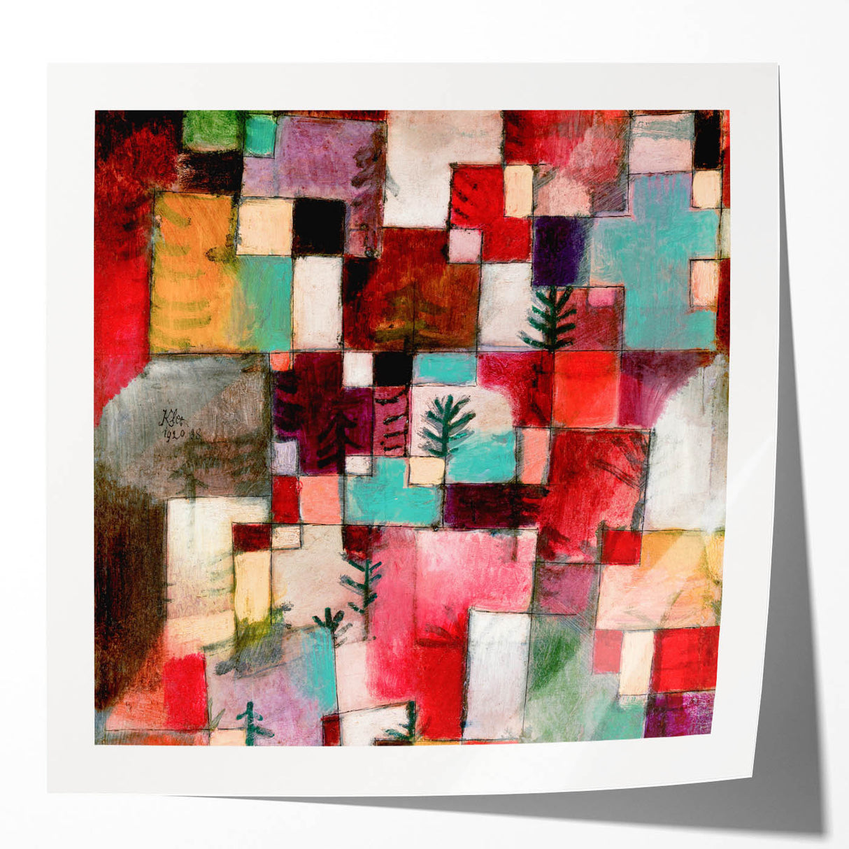 Paul Klee-inspired abstract floral print in pastel colors on glossy photo paper, ideal for art wall dining room decor.