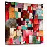Large abstract wall art by Paul Klee, featuring geometric shapes in muted earth tones on acrylic glass.