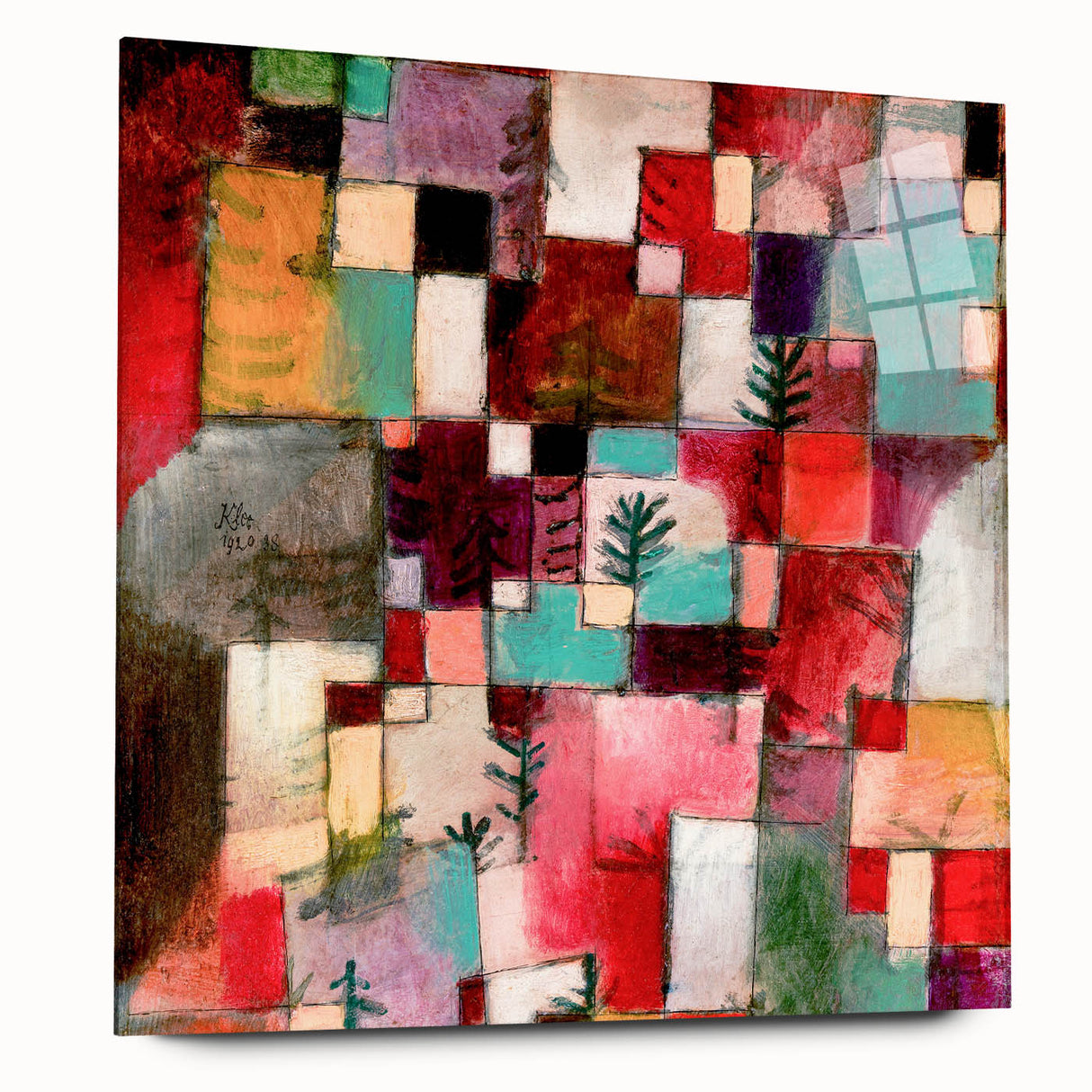Abstract design by Paul Klee in muted colors on large acrylic glass, suitable for bedroom or dining room art.