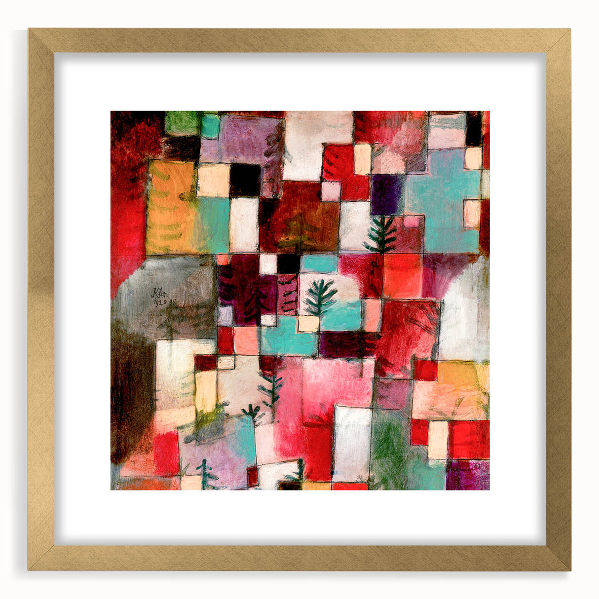 Extra large abstract art print featuring textured designs in muted earth tones, framed in gold, ideal for living room decor.