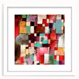 Abstract art print by Paul Klee with geometric shapes in muted earth tones, framed with a white mat.