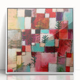 Acrylic print of a Paul Klee-inspired modern art design featuring geometric shapes in muted colors.