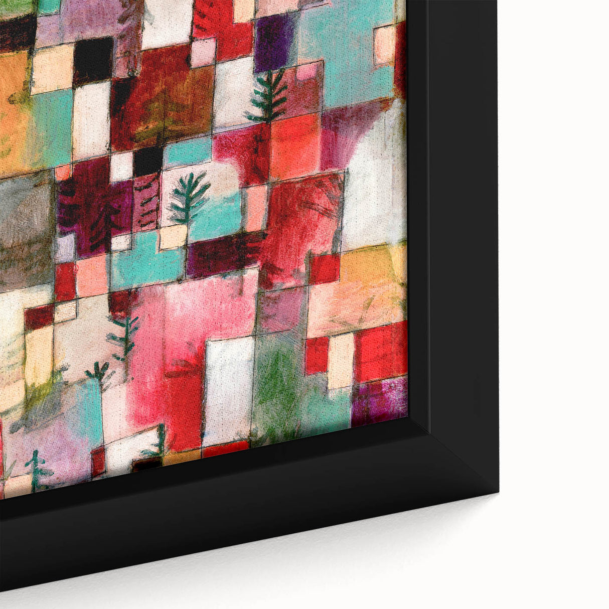 Extra large framed canvas featuring a textured, colorful abstract design by Paul Klee, ideal for modern living room decor.