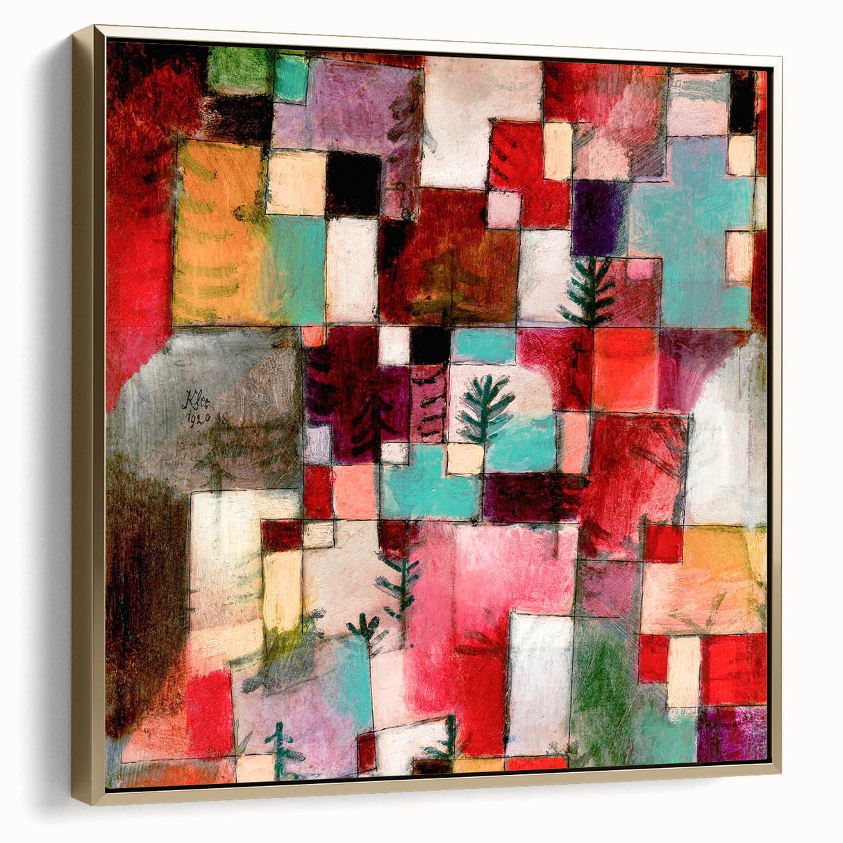 Framed canvas featuring a Paul Klee-inspired abstract landscape in black and gold tones, suitable for bedroom wall art.