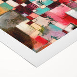 Art Deco poster featuring geometric shapes and vibrant colors on rolled canvas, suitable for dining room wall art.