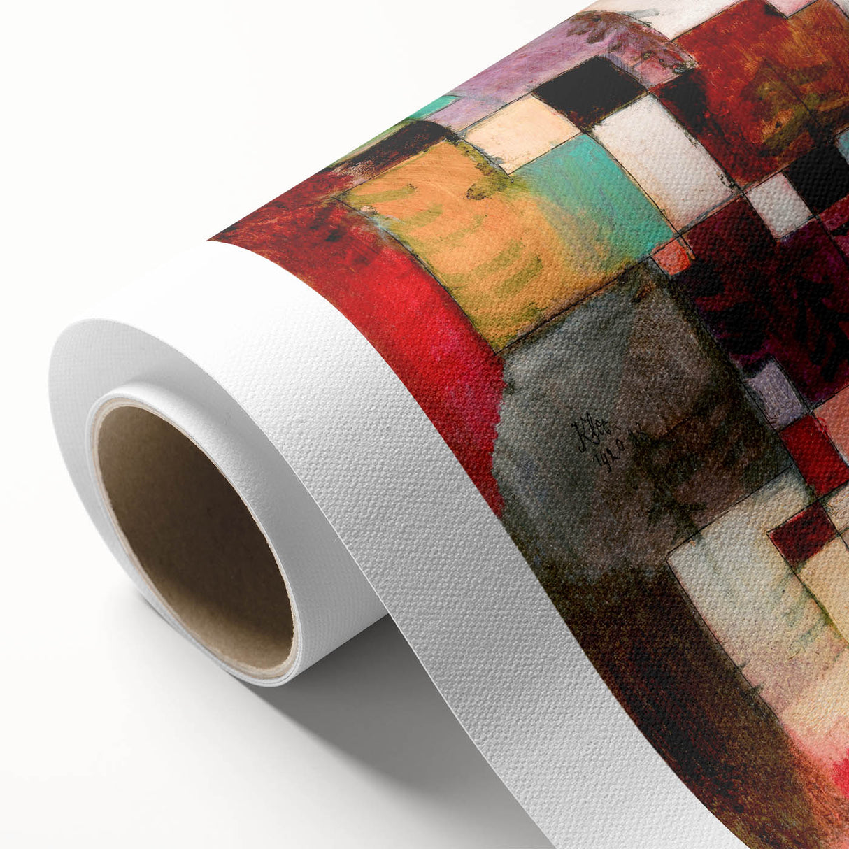Art Deco style poster featuring geometric patterns in muted earth tones on rolled canvas, ideal for nursery wall art.