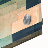 Mid-century modernist abstract design in muted earth tones on large acrylic glass, ideal for dining room art.