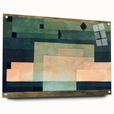 Large abstract wall art by Paul Klee in muted colors on acrylic glass, suitable for bedroom or dining room decor.