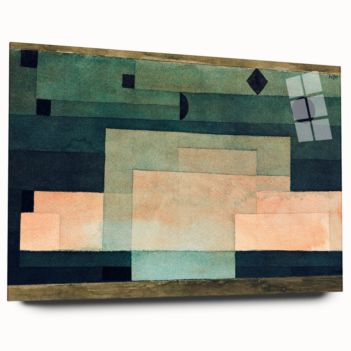 Large abstract wall art by Paul Klee in muted colors on acrylic glass, ideal for modern bedroom or dining room decor.