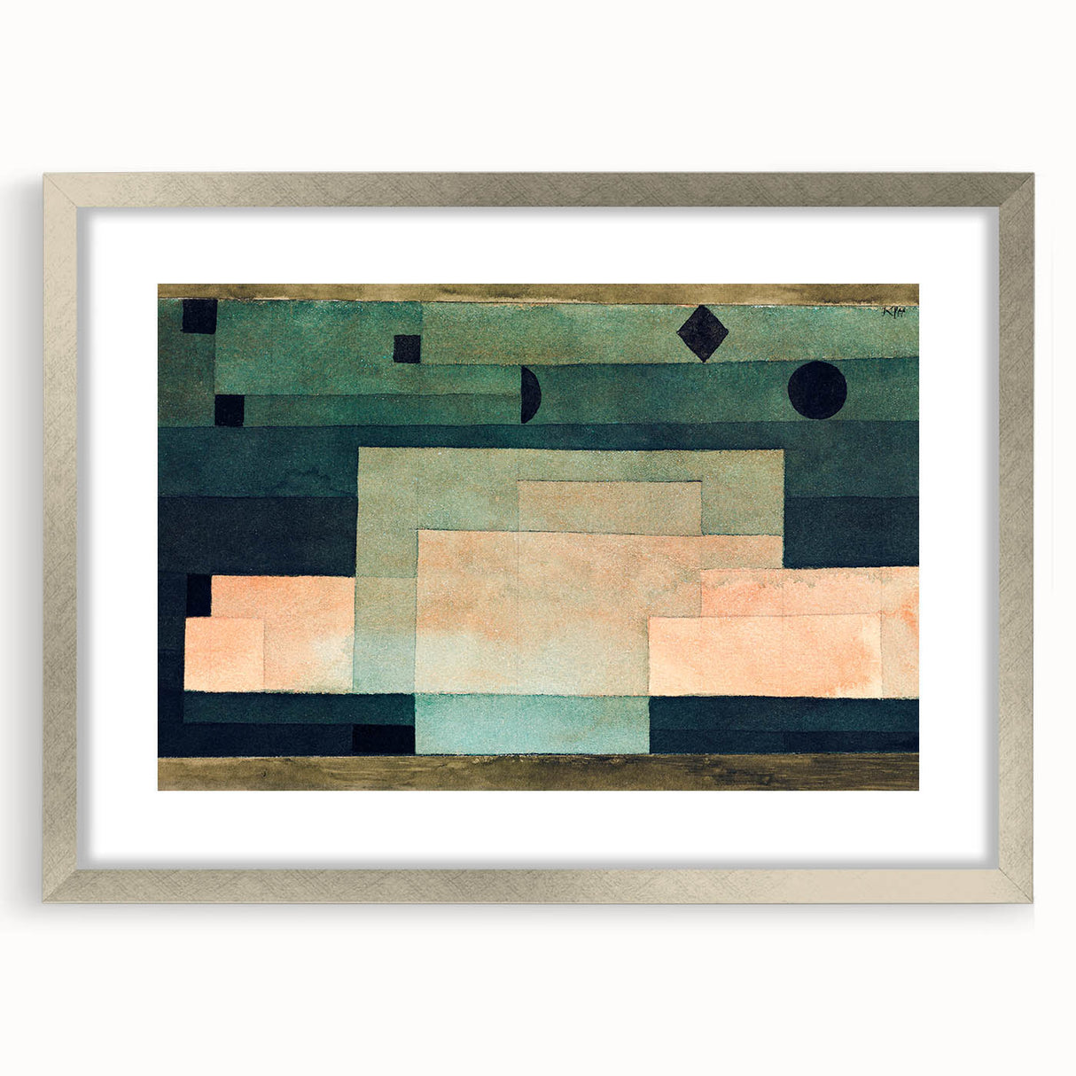 Textured abstract art print in a silver frame, featuring geometric shapes in earth tones, ideal for bedroom decor.