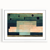 Abstract art print by Paul Klee featuring geometric shapes in muted colors, framed with a white mat.