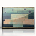 Large abstract wall art by Paul Klee featuring geometric shapes in muted colors, framed in black acrylic.