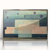 Mid-century modernist art by Paul Klee, featuring geometric shapes in muted colors on a framed acrylic.