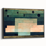 Framed canvas featuring a black and white abstract landscape by Paul Klee, ideal for bedroom wall decor.