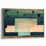 Framed canvas featuring a colorful, abstract landscape by Paul Klee in a vintage poster style.