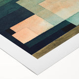 Art deco poster featuring abstract geometric shapes in muted earth tones on a rolled canvas, suitable for dining room decor.