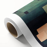 Art Deco style poster featuring geometric shapes and pastel colors on rolled canvas, ideal for nursery wall art.