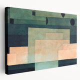 Paul Klee-inspired large art on stretched canvas featuring geometric shapes in bold colors, suitable for kitchen wall art.