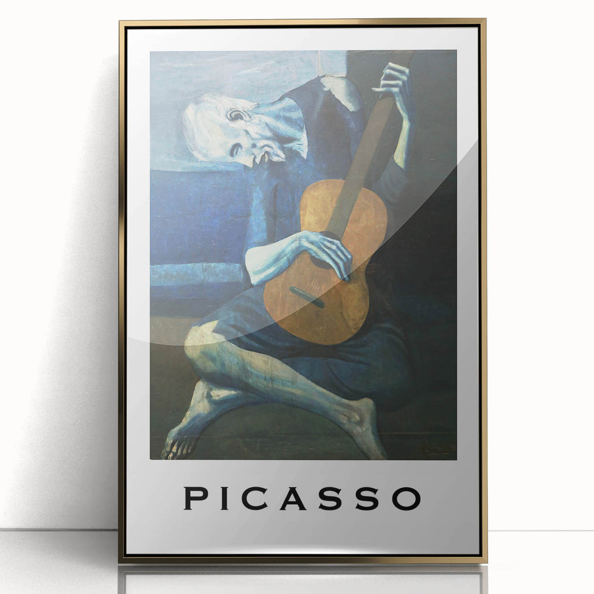 Mid-century modernist art print featuring abstract shapes in vibrant colors, framed in gold acrylic.