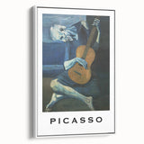 Framed canvas featuring a vintage poster art design of Picasso in colorful abstract style, ideal for living room decor.