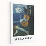 Abstract Picasso-inspired print on stretched canvas with vibrant blue and yellow tones, suitable for kitchen wall art.