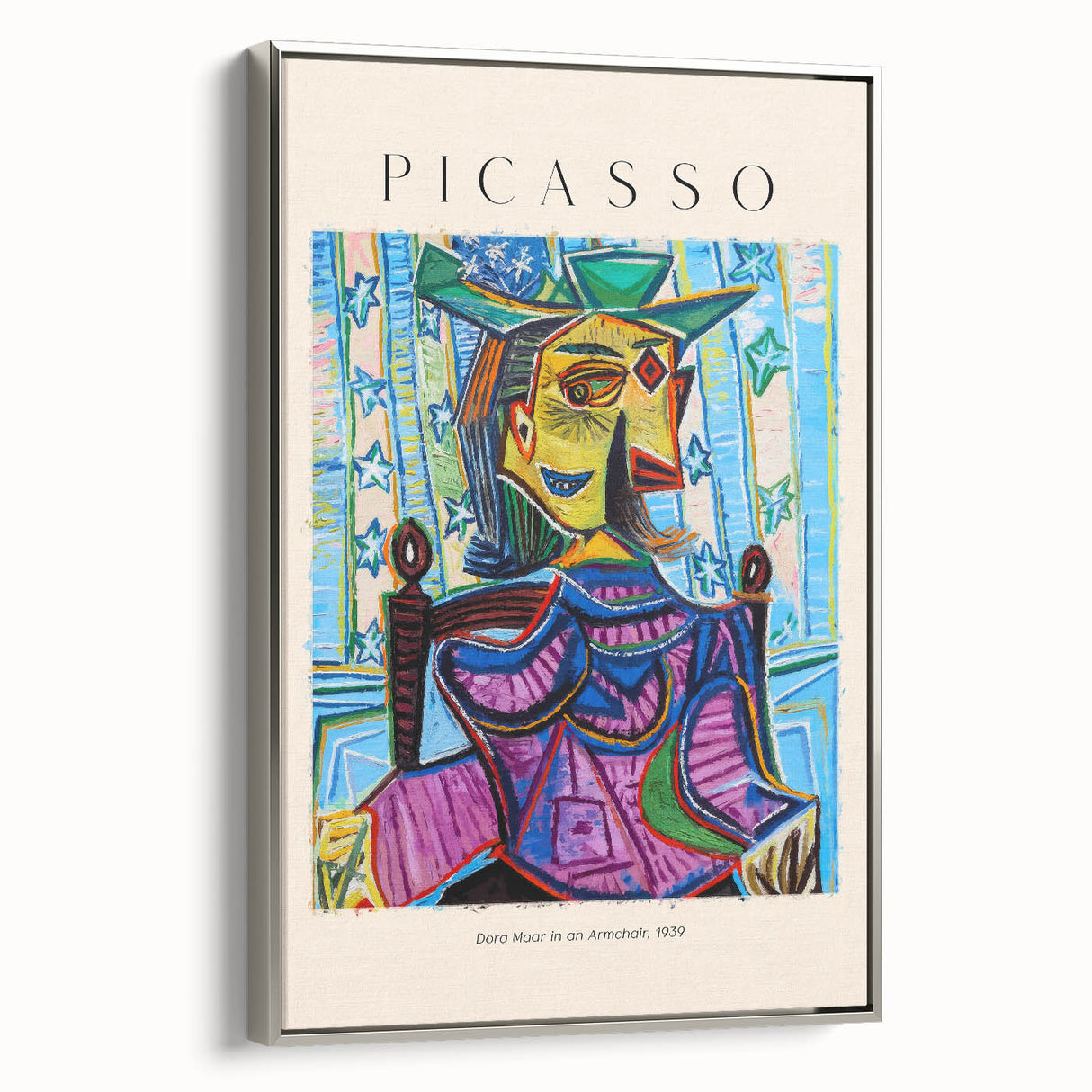 Framed canvas featuring a colorful landscape art painting in a vintage poster style.