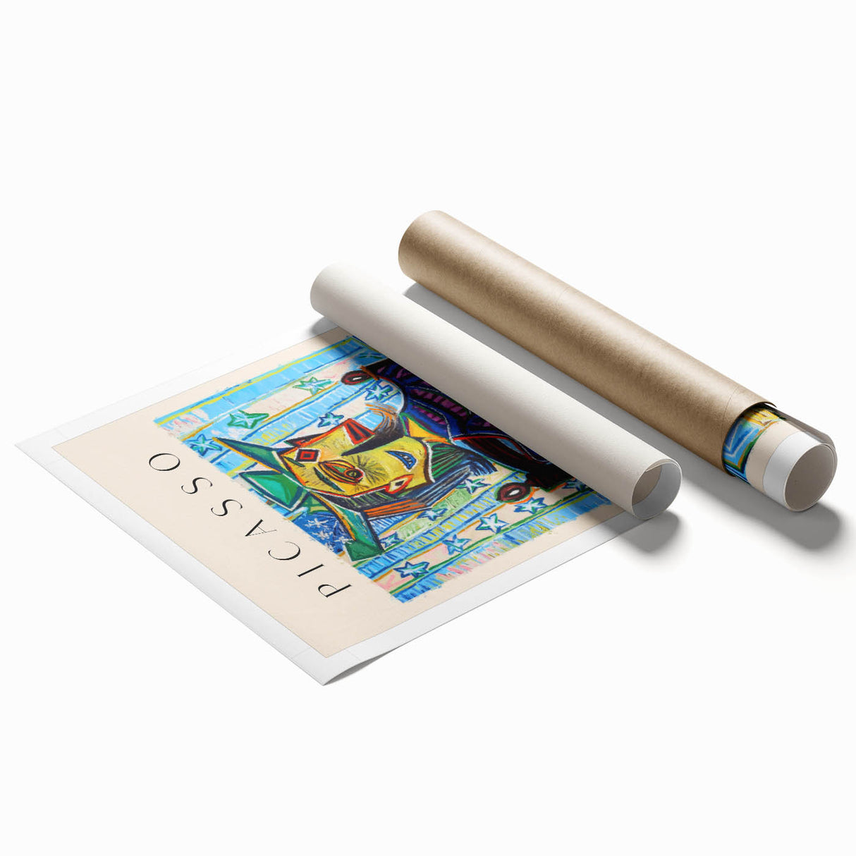 Extra large rolled print of abstract floral design in muted pastel shades.