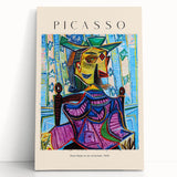 Large black and white Picasso-style abstract print on stretched canvas, ideal for kitchen wall art or bedroom ambiance.