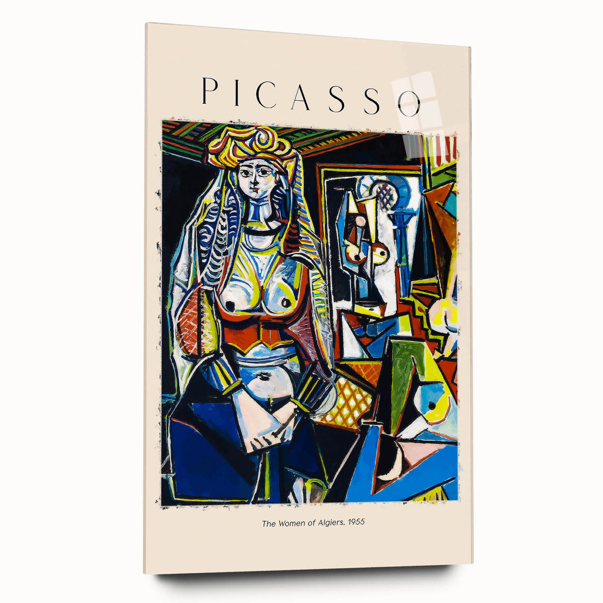 Large abstract wall art on acrylic glass depicting dynamic shapes in vibrant colors.