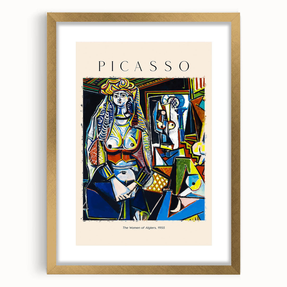 Extra large abstract art print featuring a textured, multicolored Picasso design in a gold frame.